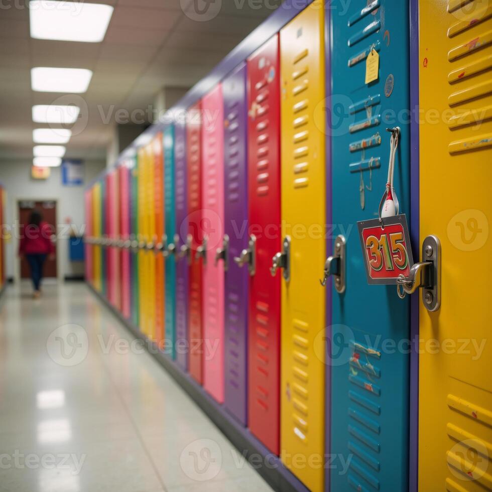Vividly colorful lockers populate an energetic locker room setting photo