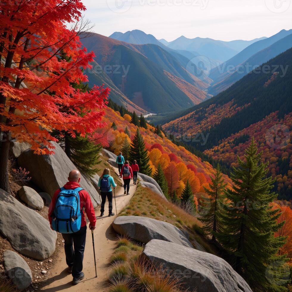Autumnal Mountain Trail Hike Illustration depicting hikers ascending an autumncolored mountain path photo