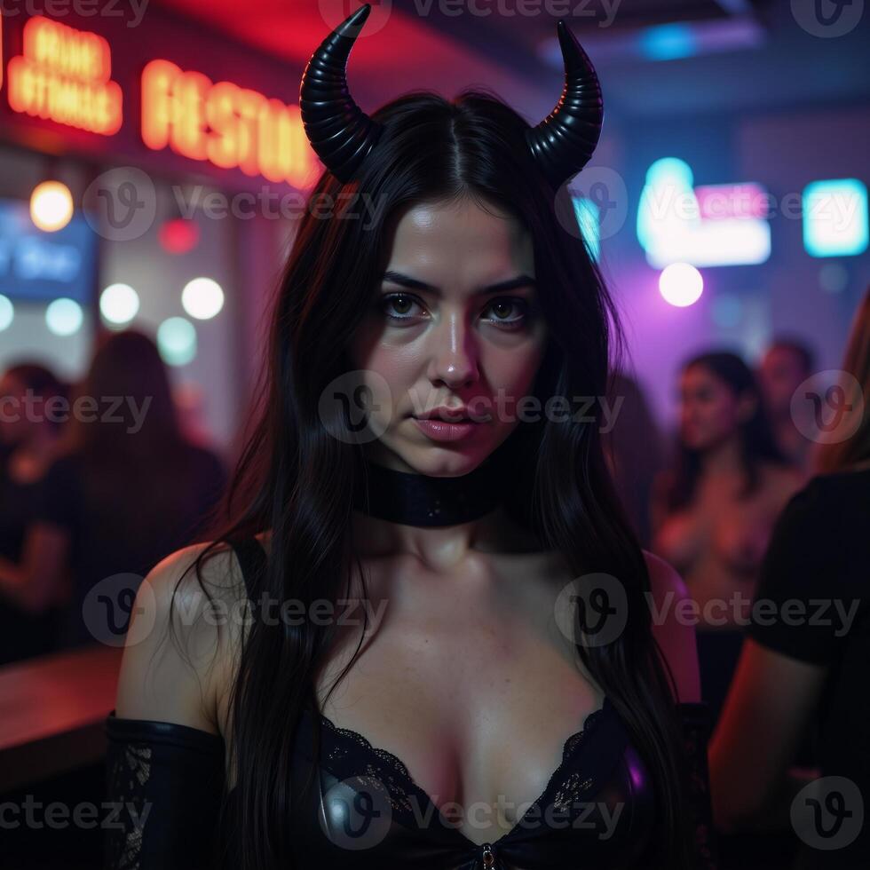 A woman wearing dark clothing and horns stands out amidst a nightclub setting photo