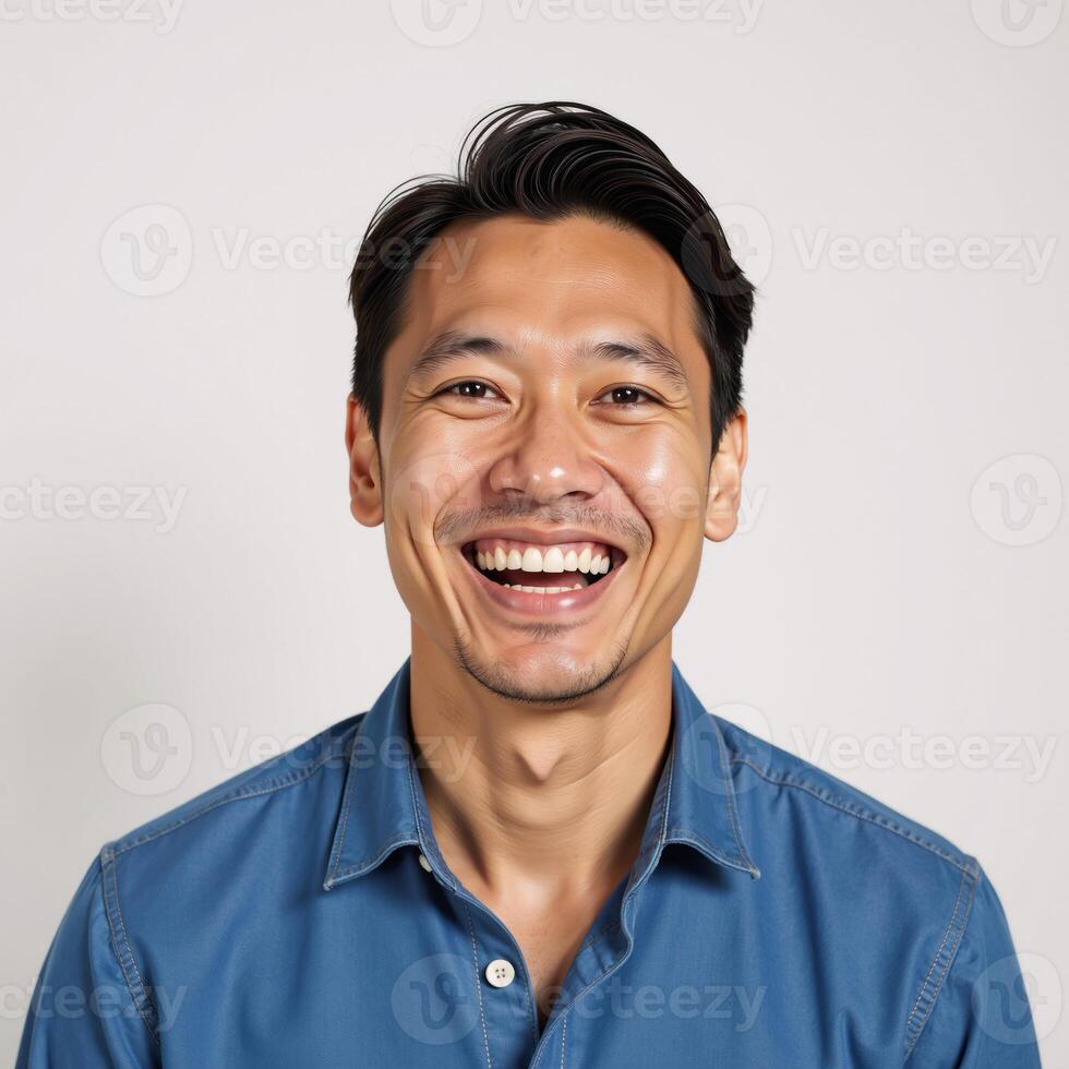 A Hawaiian man laughs uncontrollably at the camera against a simple white backdrop the background features an advertisement banner photo