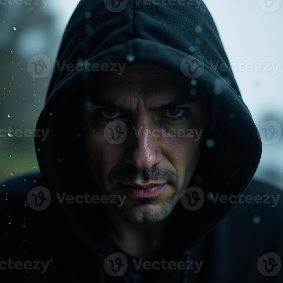 A mysterious figure with piercing gaze peering through a window photo