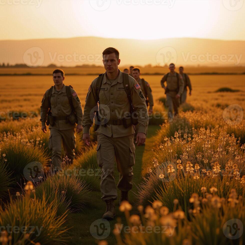 Soldiers walk through a sunlit field at dusk with warm sunlight casting an ethereal glow photo