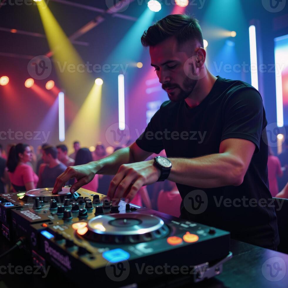 DJ spinning tunes at a lively club with glowing deck and strobes under pulsing neon lights Club Night Track Mixing Party Atmosphere photo