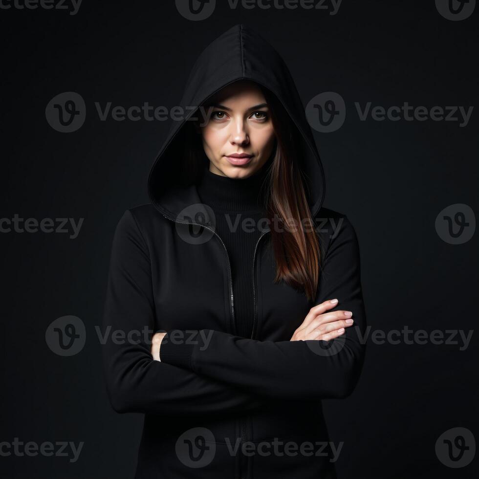 A mysterious woman cloaked as a rogue assassin veiled in silence photo