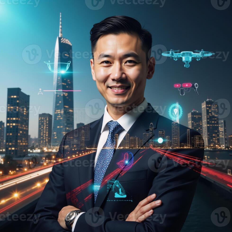 A double exposure image featuring a business person against a futuristic techfocused metropolis backdrop photo