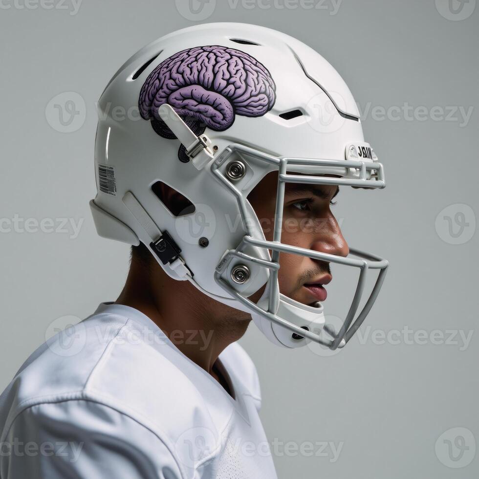 A helmetdonned football player sporting a brain design showcasing the nexus of athletics wellness and tech for enhanced safety and performance photo
