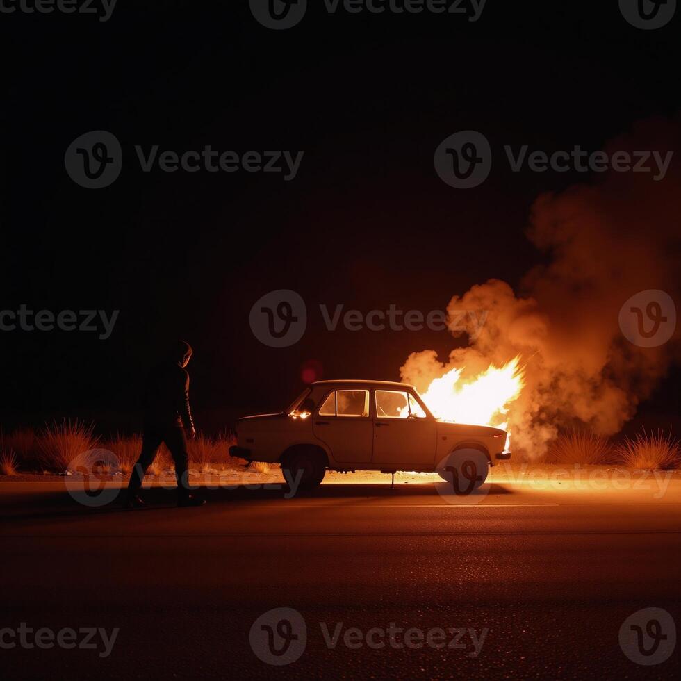 Hooded figure passing by flaming wreckage at twilight photo