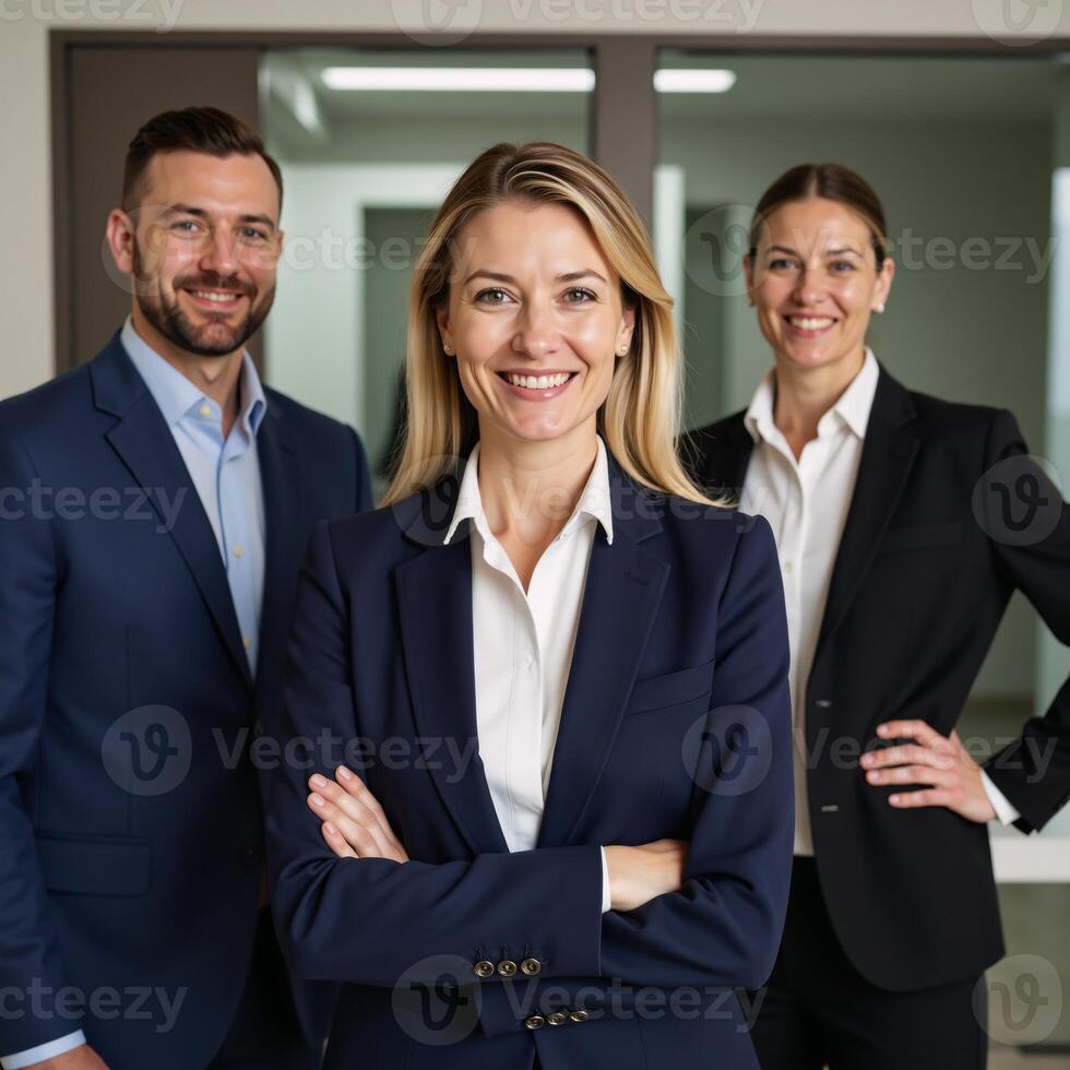 A businessfocused team portrait featuring a mature smiling woman working collaboratively alongside her colleagues within an office setting photo