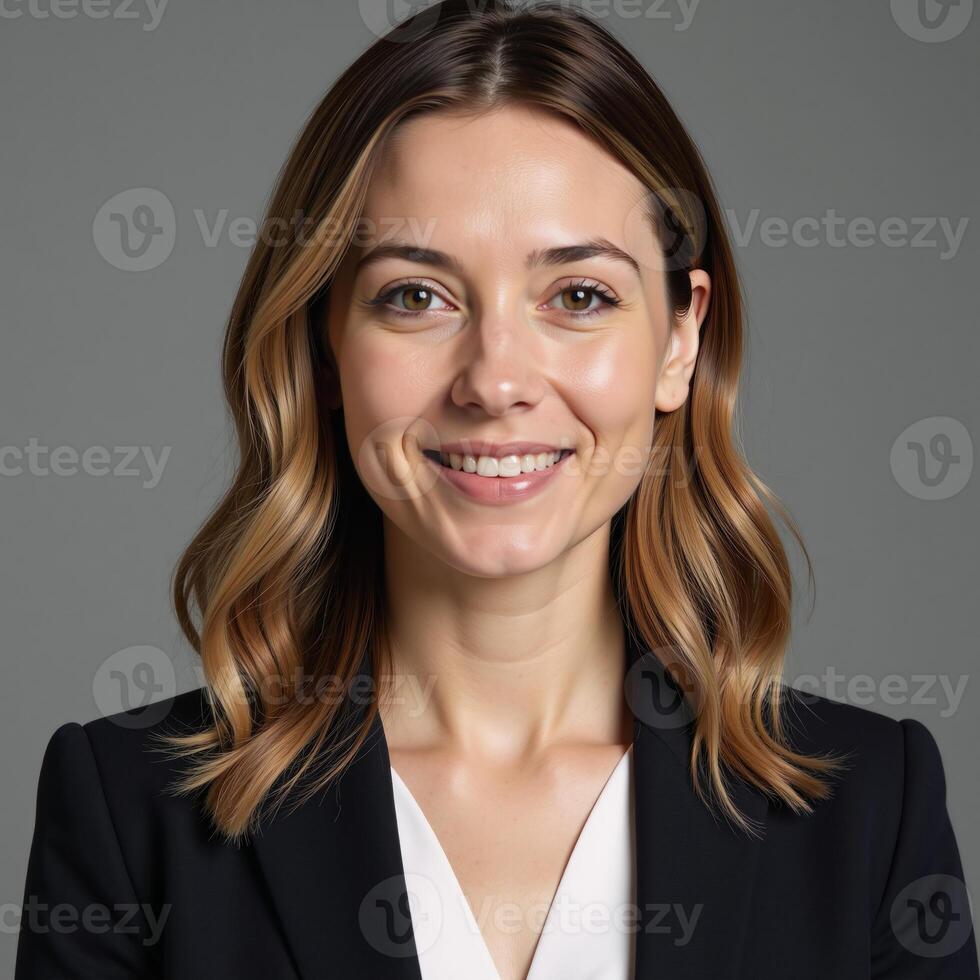 A confident businesswoman sporting natural makeup and flowing waves photo