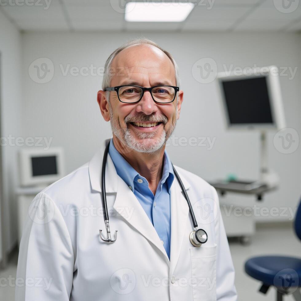 Senior male doctor warmly smiling in white coat confident and caring in medical setting photo