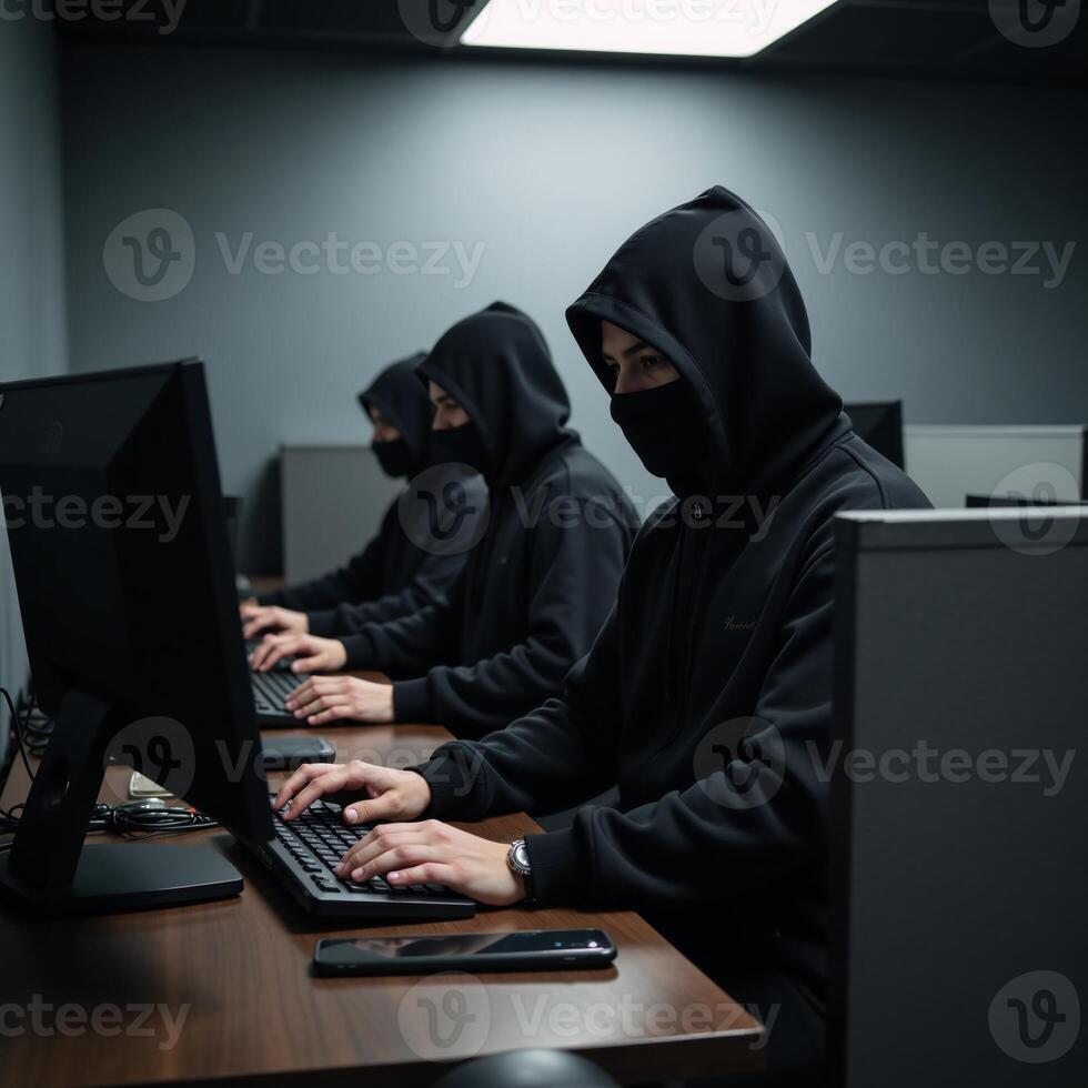 Call center scammers swindlers in masks and headsets at a computerfilled office photo