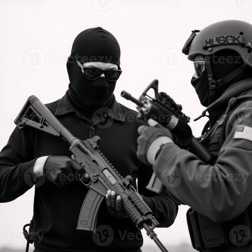 Armed terrorist with an AK47 faces off against masked special forces operative both armed and in combat attire photo