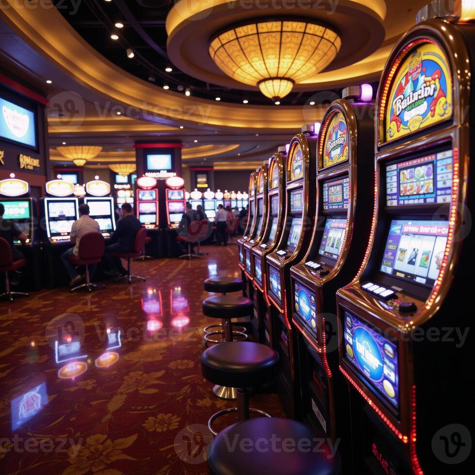 The subject is a glitzy casino scene set against the iconic backdrop of Las Vegas photo