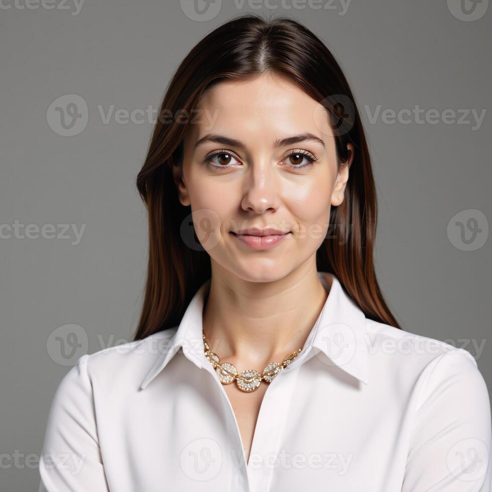 Businesswoman donning gold necklace and white shirt photo