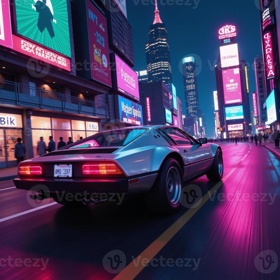 A Synthwaveinspired digital illustration showcases a retrofuturistic 1980sstyle 3D car cruising through a vibrant neon cityscape photo
