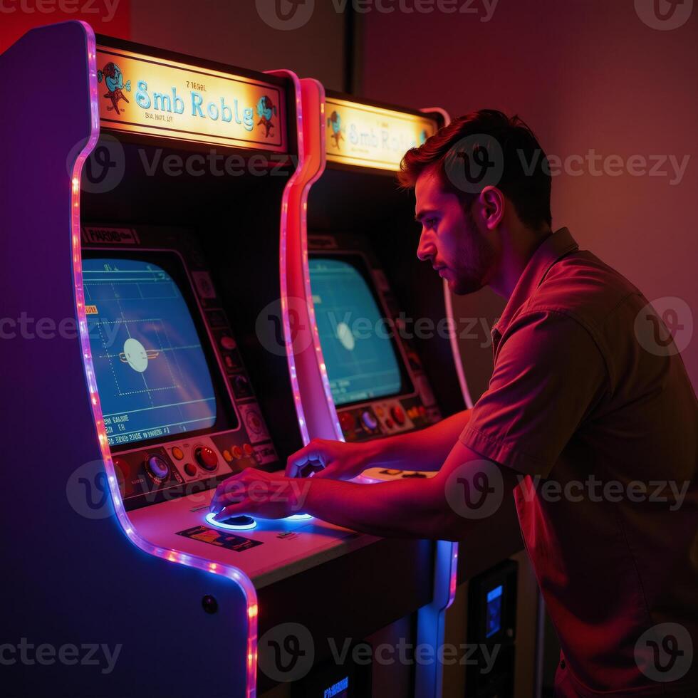 Retro arcade setting featuring a man playing classic games with a vintage feel photo
