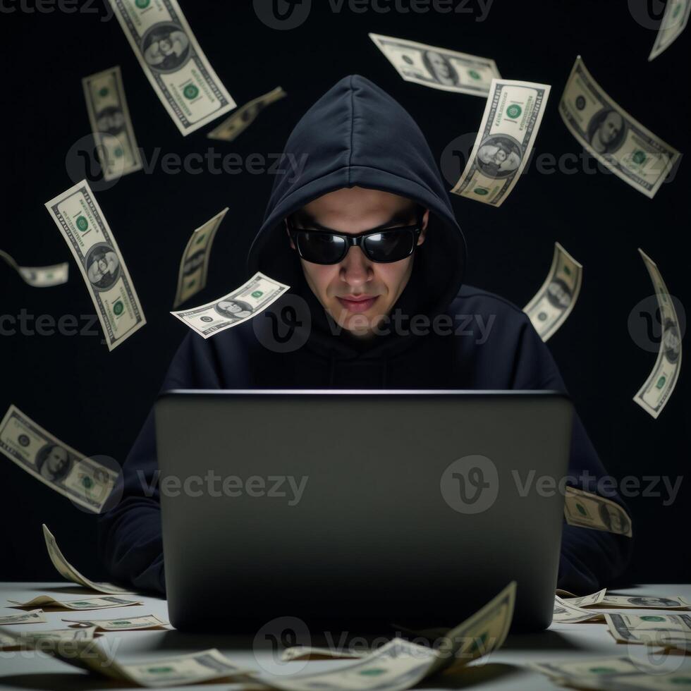 Hooded hacker with sunglasses and laptop amidst cascading dollar bills represents cyber crime online fraud and data theft photo