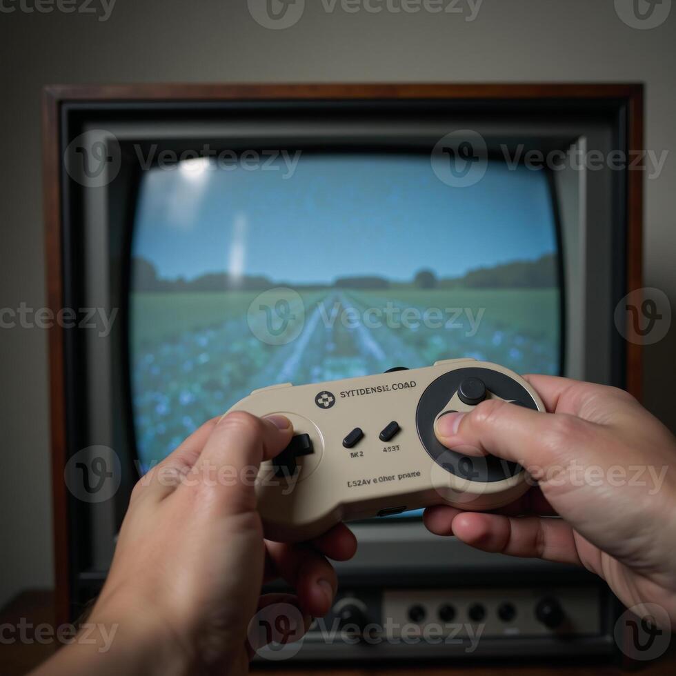Person holding game controller before old TV showing static image photo