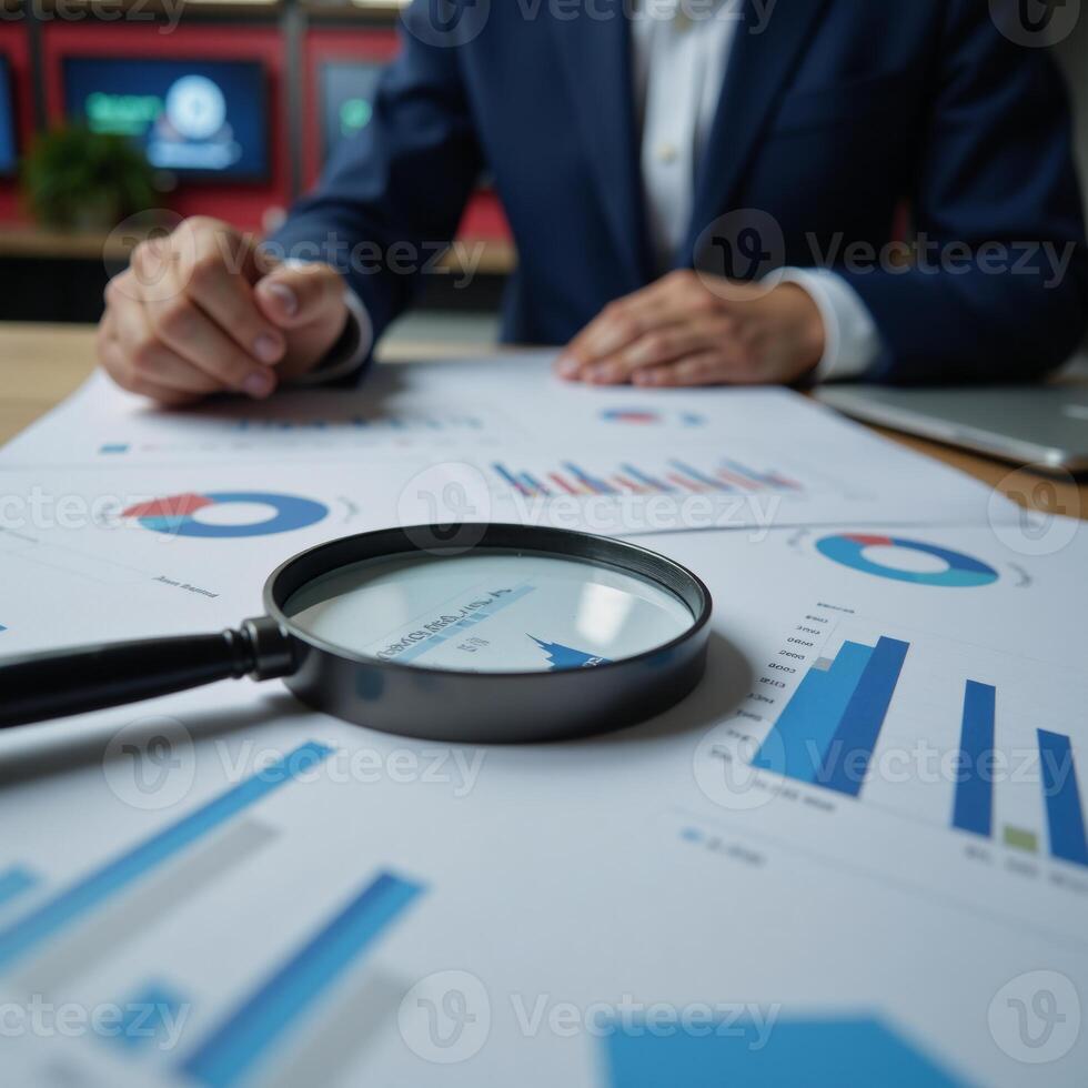 Data analysis for search engine optimization magnifying tool visualizations with charts graphs university neon screens displaying stock data photo