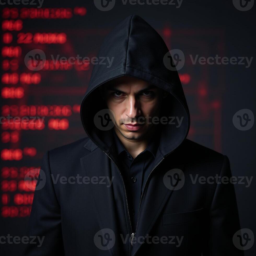 Cybercriminal depicted as a hacker with hoodie on neonred digital backdrop signifying cybersecurity and protection efforts photo