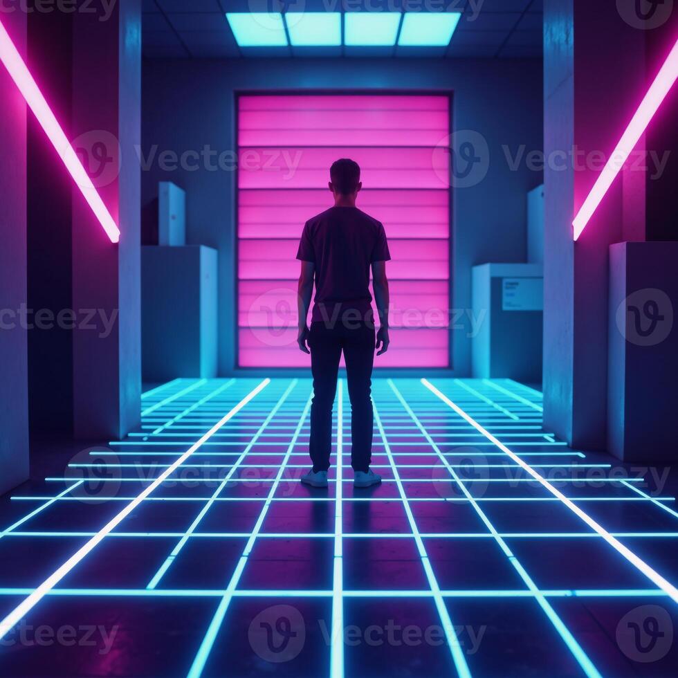 A retro scifi futuristic grid background featuring an 80s aesthetic with vibrant neon colors and geometric patterns against a synthwave backdrop of purple blue and pink light rays photo