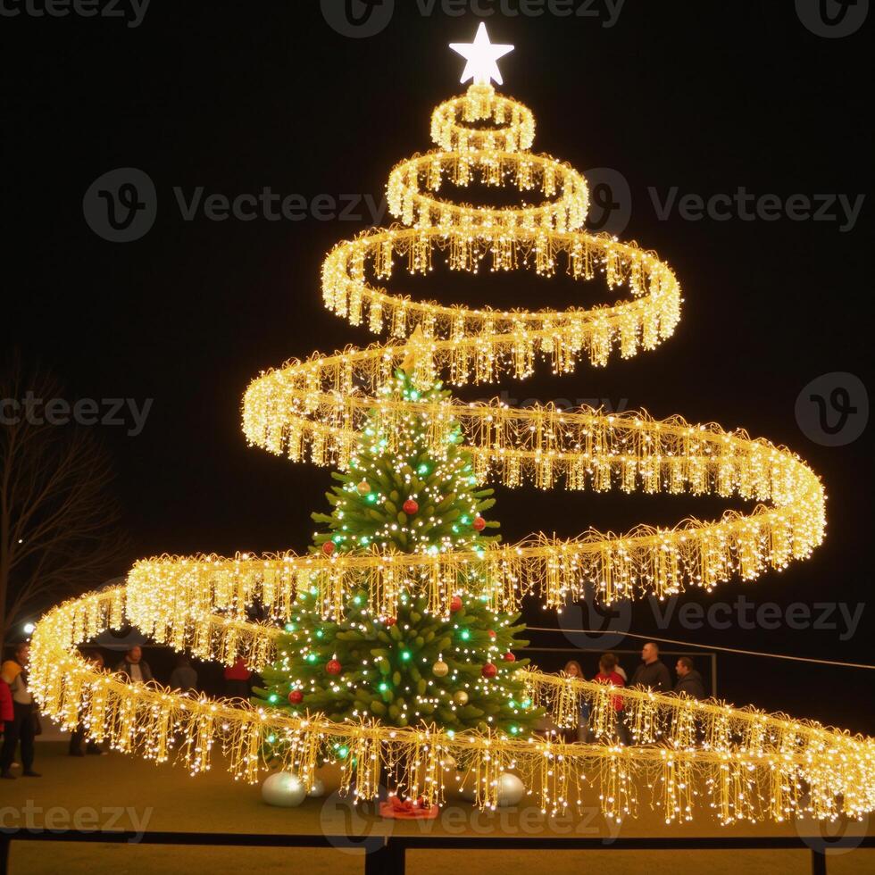 A goldengreen spiral of shimmering lights and particles forms a twirling Christmas tree with a dazzling glowing ladder at its base photo