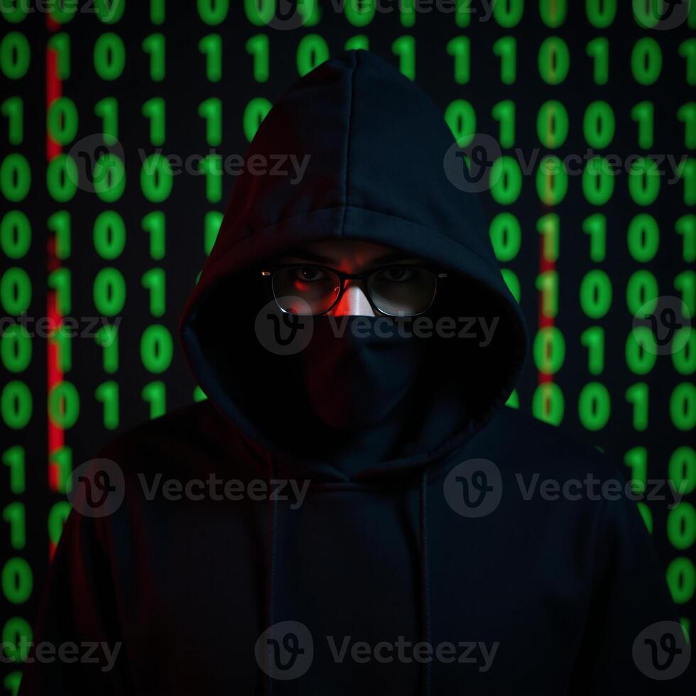 Hooded hacker in front of binary code backdrop photo