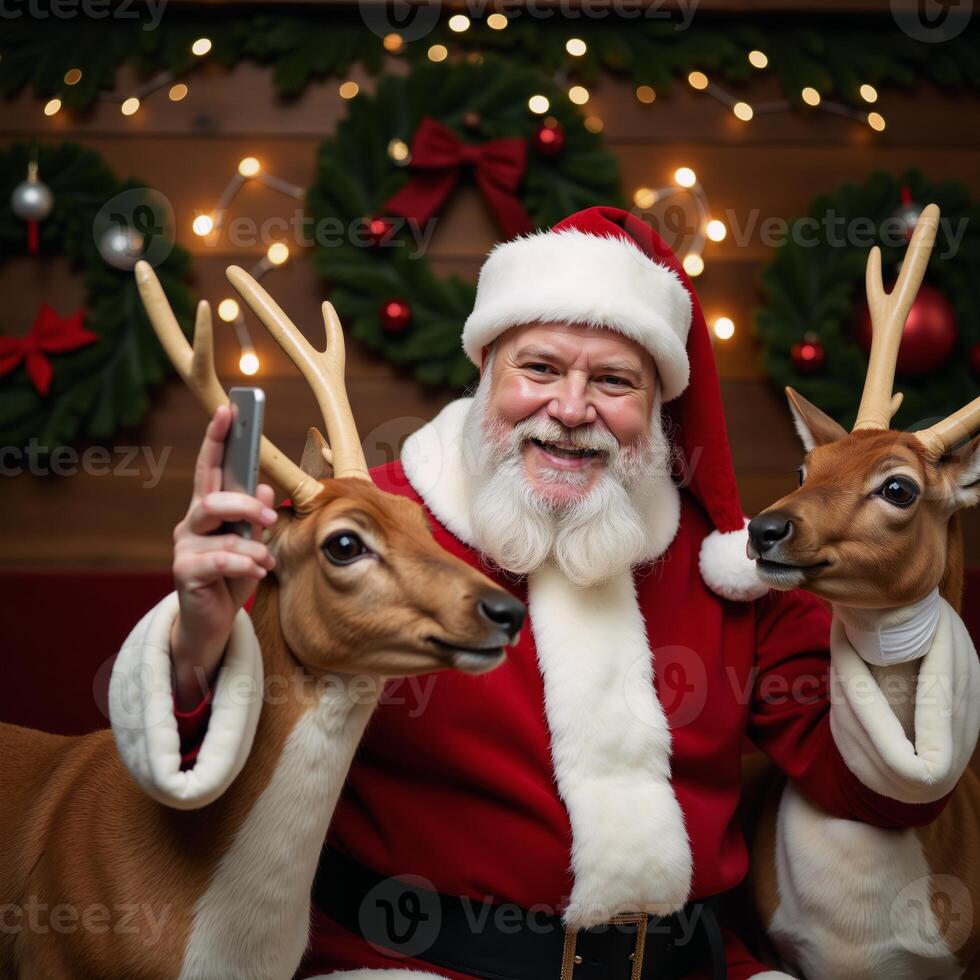 Creative Illustration Santa Claus Reindeers Taking Selfies Together photo
