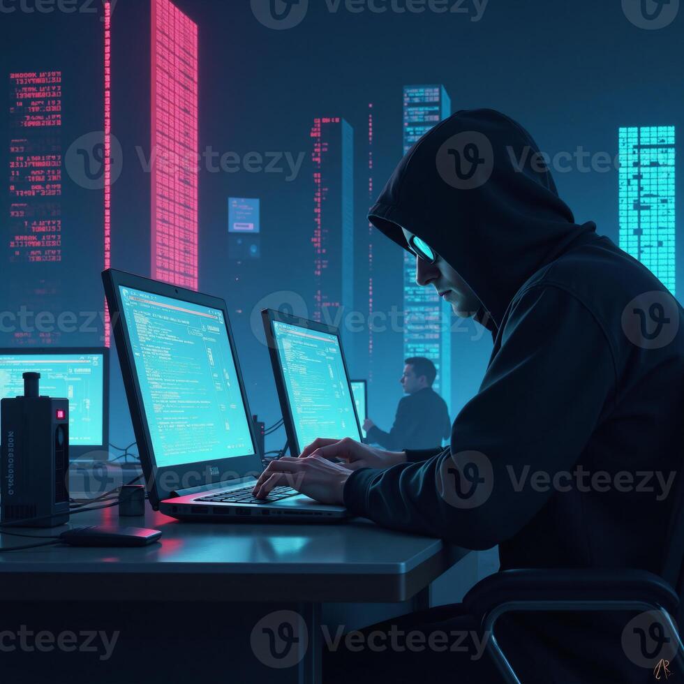 Cybersecuritythemed illustrative artwork focusing on hacking espionage and tech advancements as a UHD wallpaper design photo