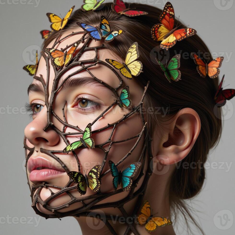 Head sculpted from trees and butterflies concept illustration photo