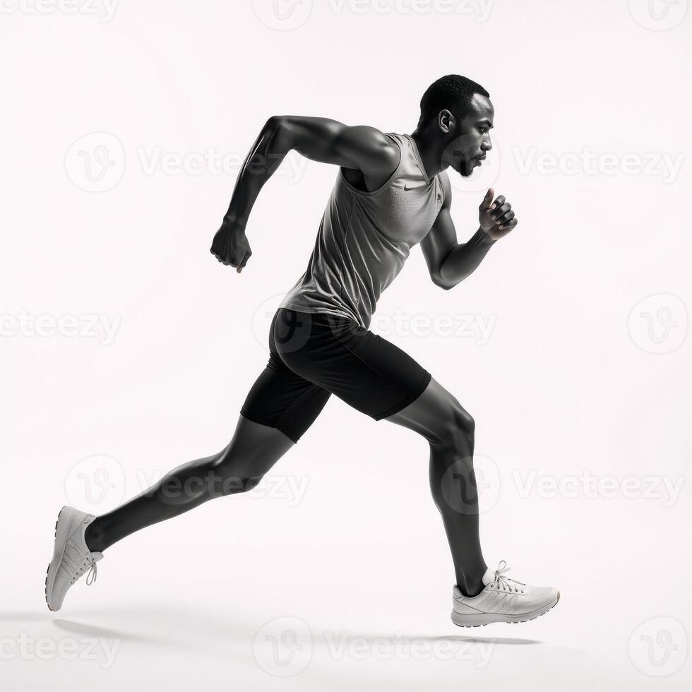 Digital halftonestyle image depicts an African American Olympian runner in action against a pure white backdrop symbolizing the Olympics photo