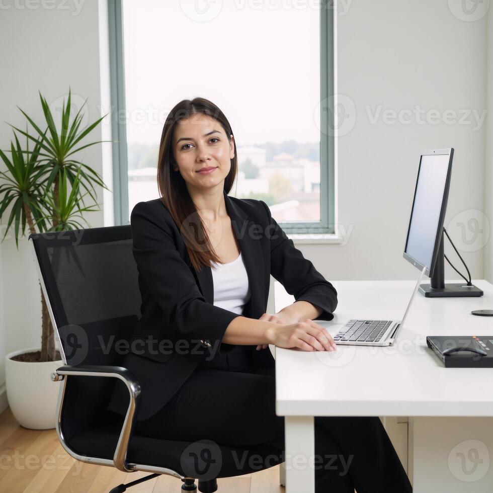 Businesswoman poses professionally at desk with casual ease under soft office lighting photo