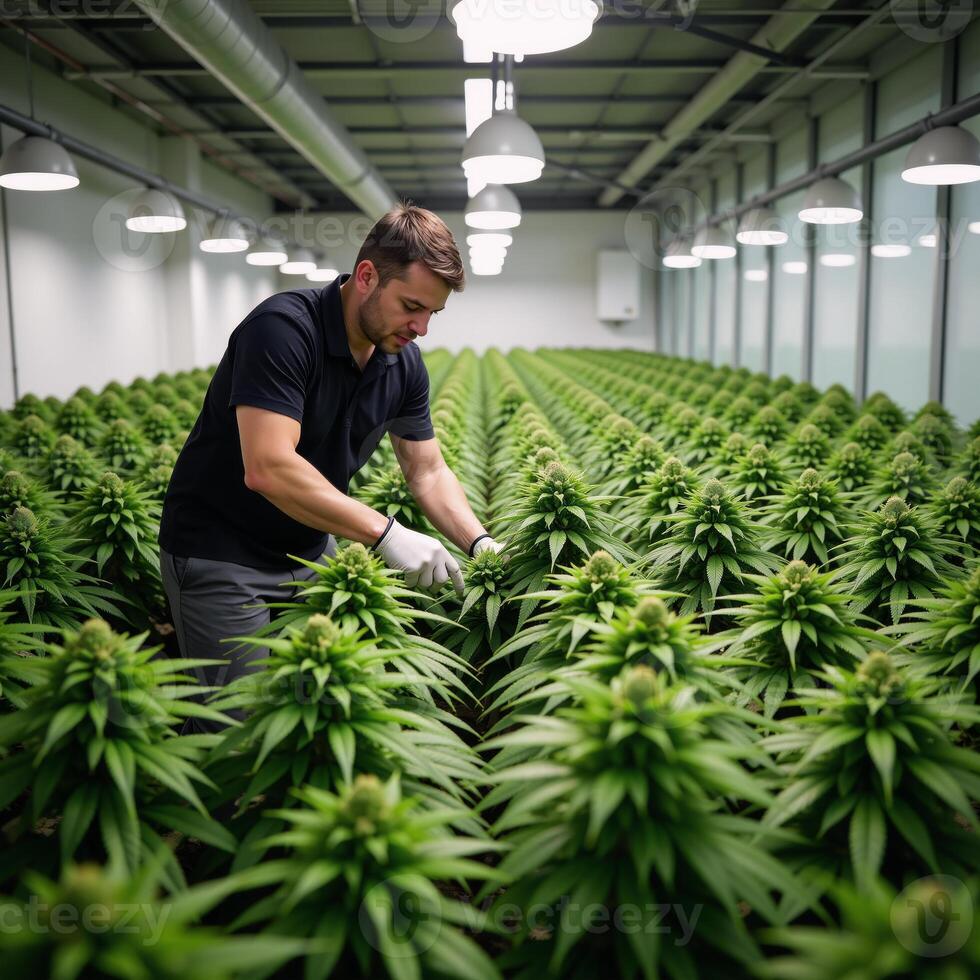 Male worker tending to medicinal cannabis plants in legal commercial hemp facility photo