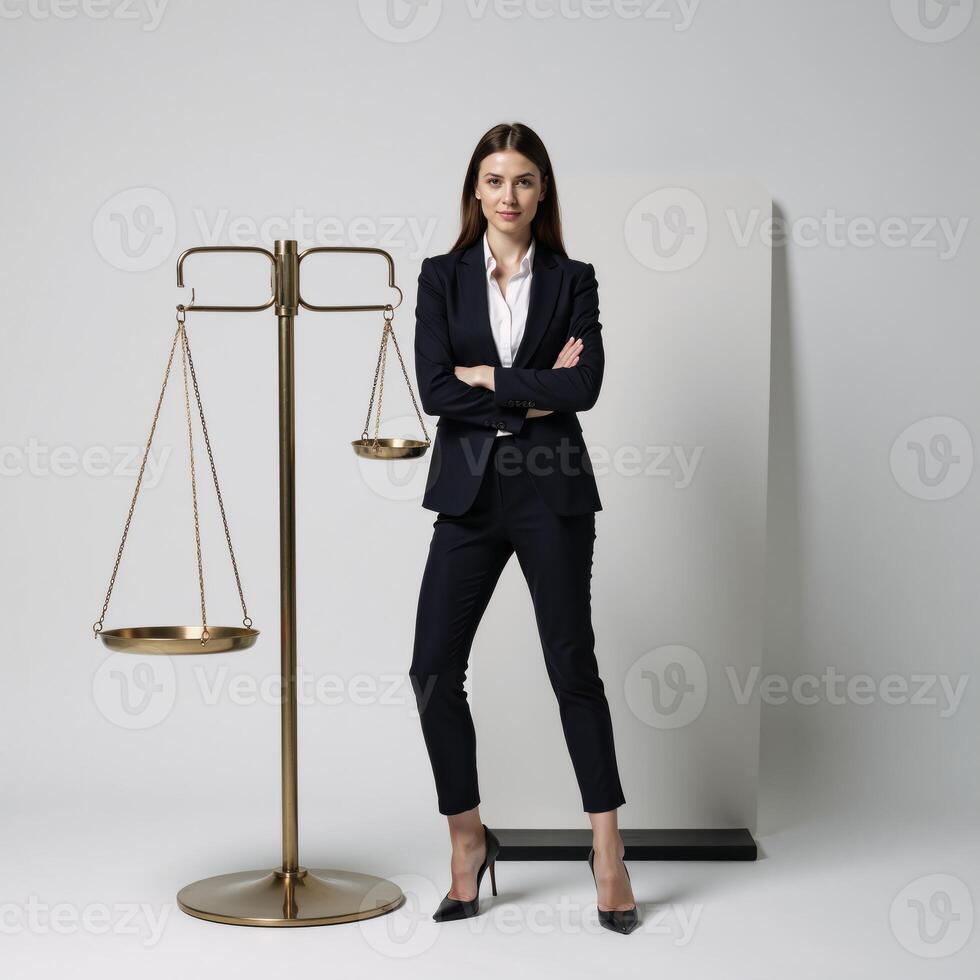 Professional woman personified as Justice posed with scales in modern Vectorstyle photo