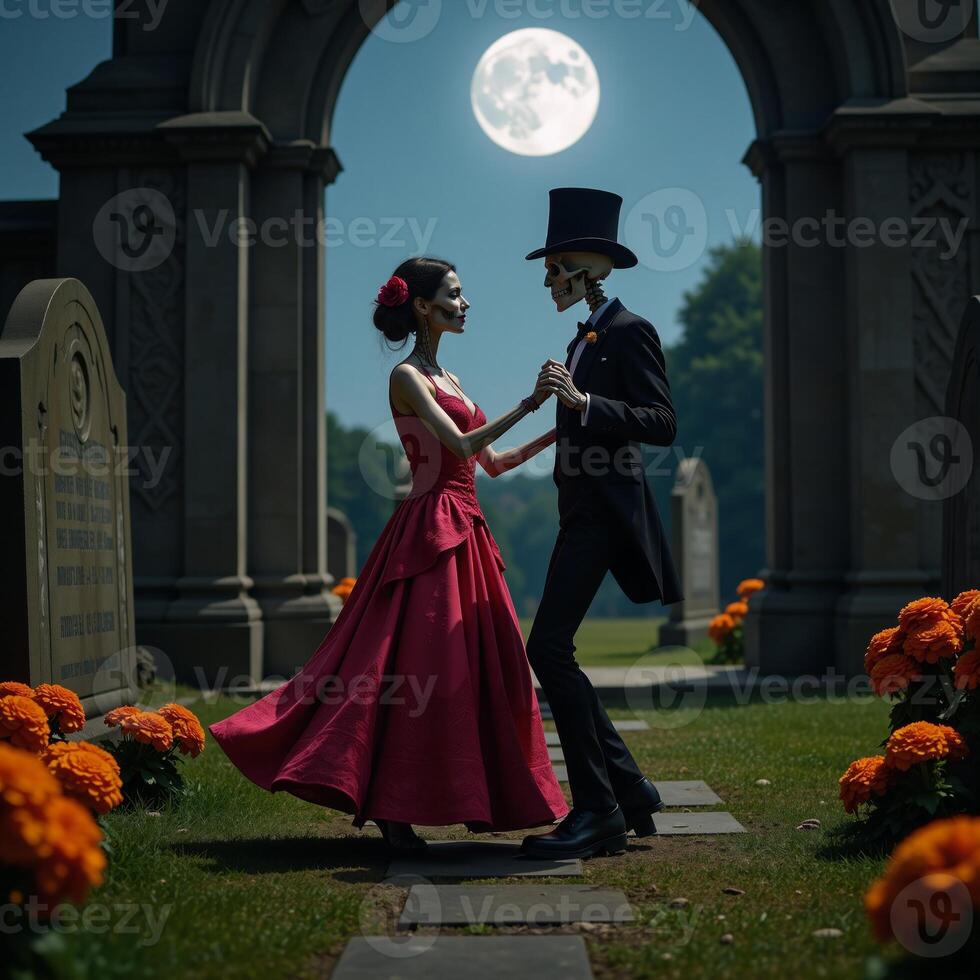 A romantic fantasy depiction of dancing skeletons amidst moonlit cemeteries on Day of the Dead photo