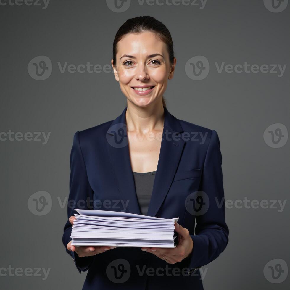 Image features a mature businesswoman clutching documents in a professional setting photo