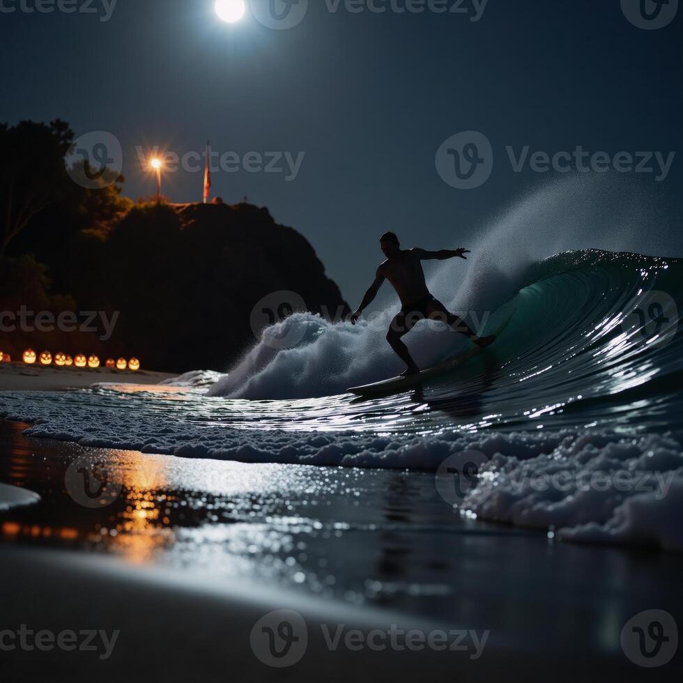 A spooky Halloween scene with a surfer riding a glowing pumpkincarved surfboard on a ghostly waves during Halloween night photo