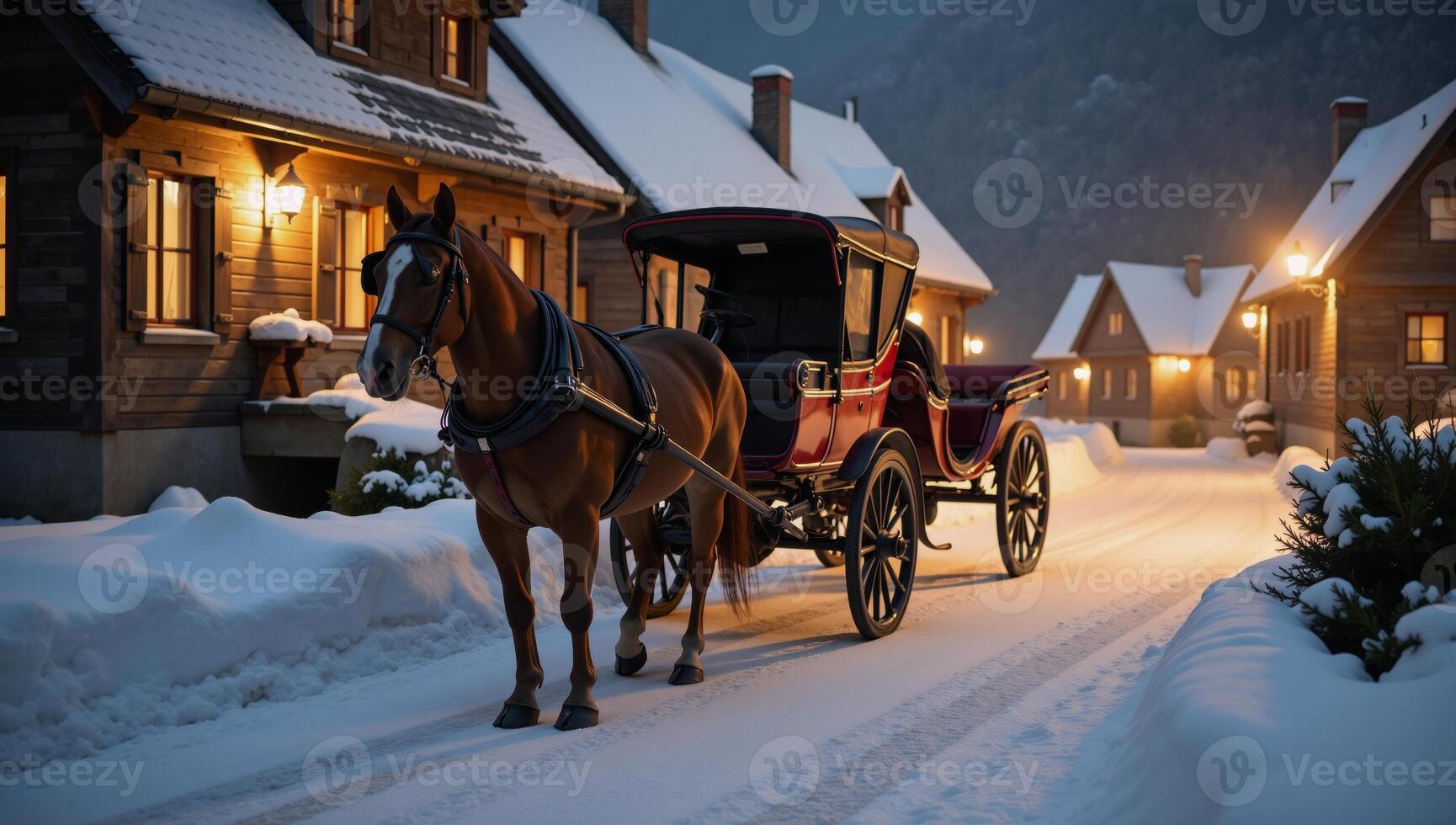 Horse carriage amidst snowy European village scene photo