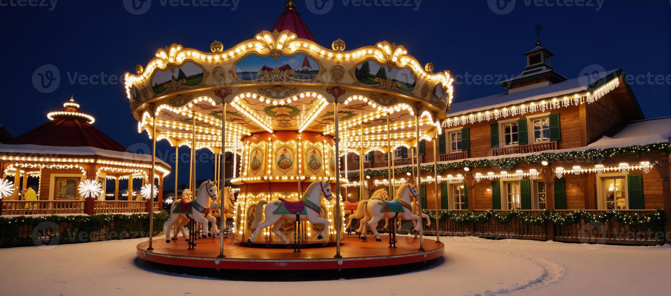 A festive carousel wonderland shimmering with twinkling lights and decor photo