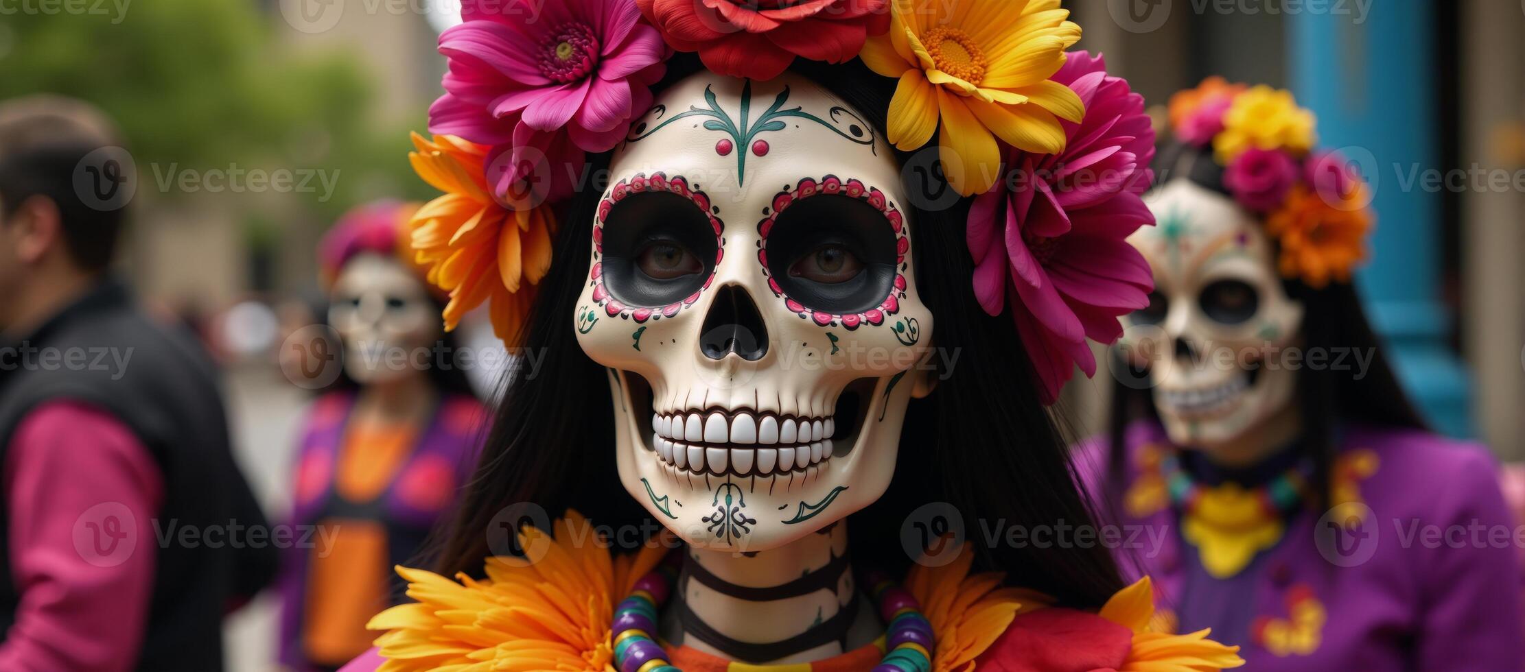 A Mexican Day of the Deadinspired portrait featuring a Halloweenthemed La Catrina design adorned with scientific elements and a human skull motif photo
