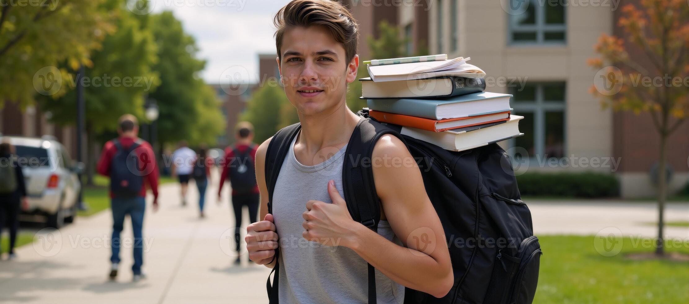Student struggling to manage excessive study materials backpack filled with textbooksnotebooks photo