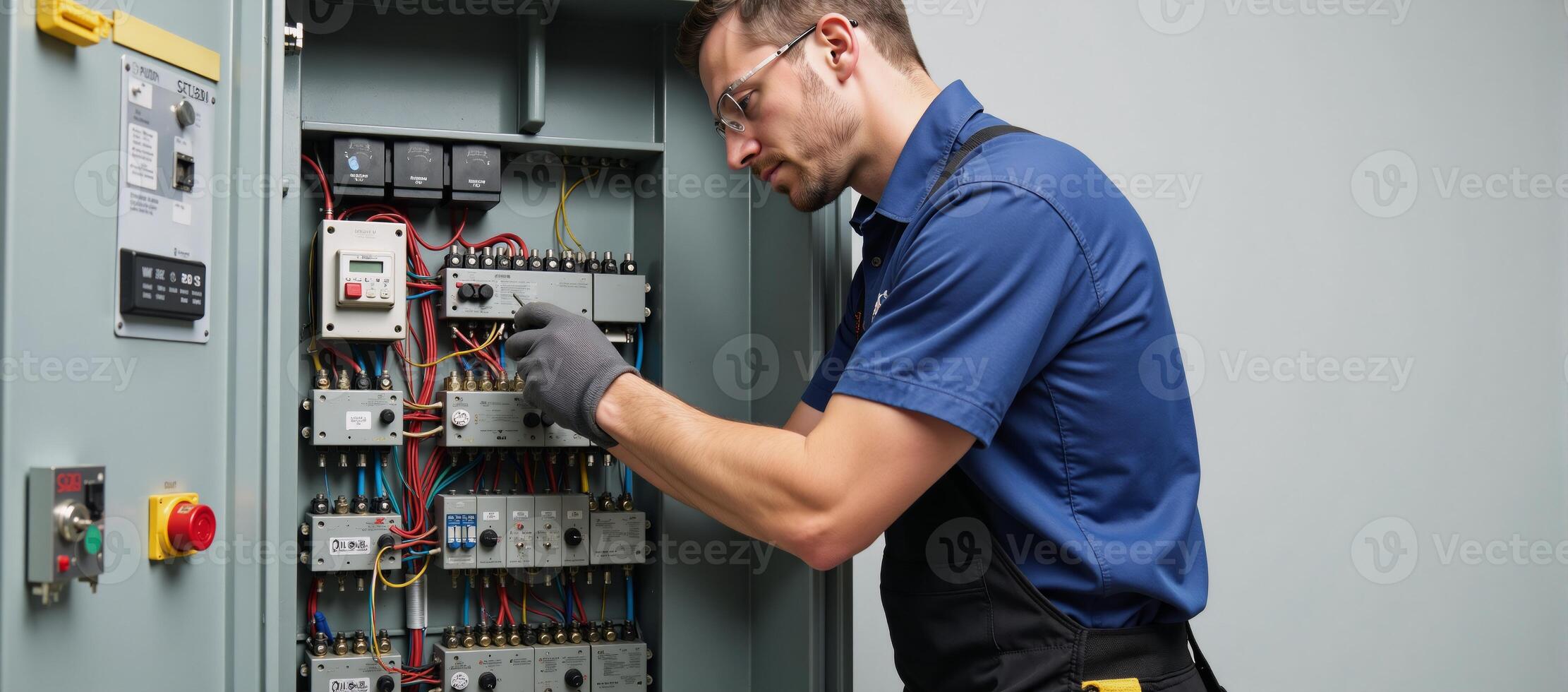 Electrical system maintenance professional electrician works on switchboard repairs photo