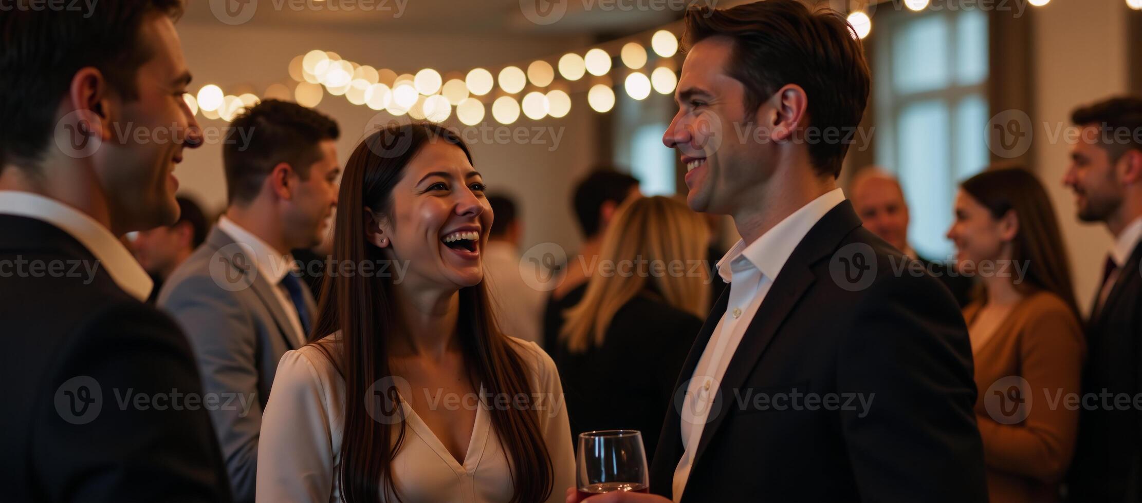Blurred shots of office party featuring businesspeople networked together under soft lights bokeh photo