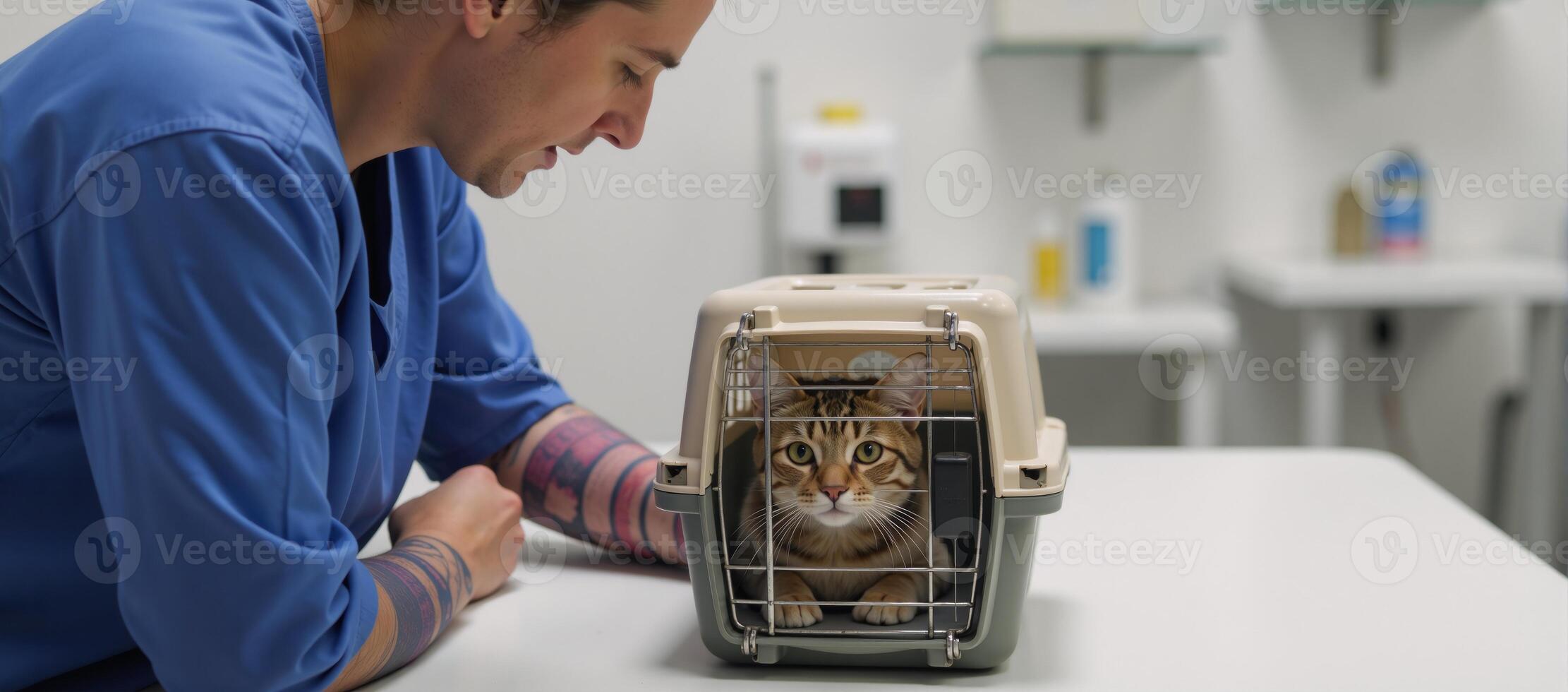 Cat undergoing examination at vet clinic pet care health checkup photo