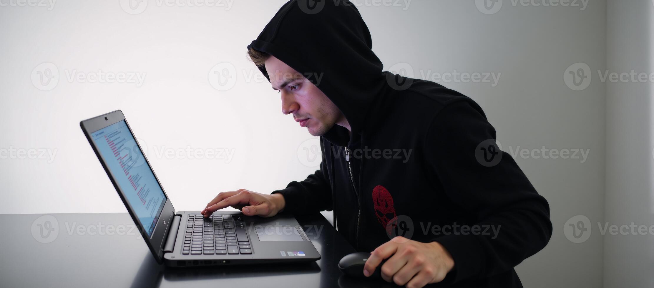 Hacker on his laptop poised for illegal digital intrusion cybercrime photo