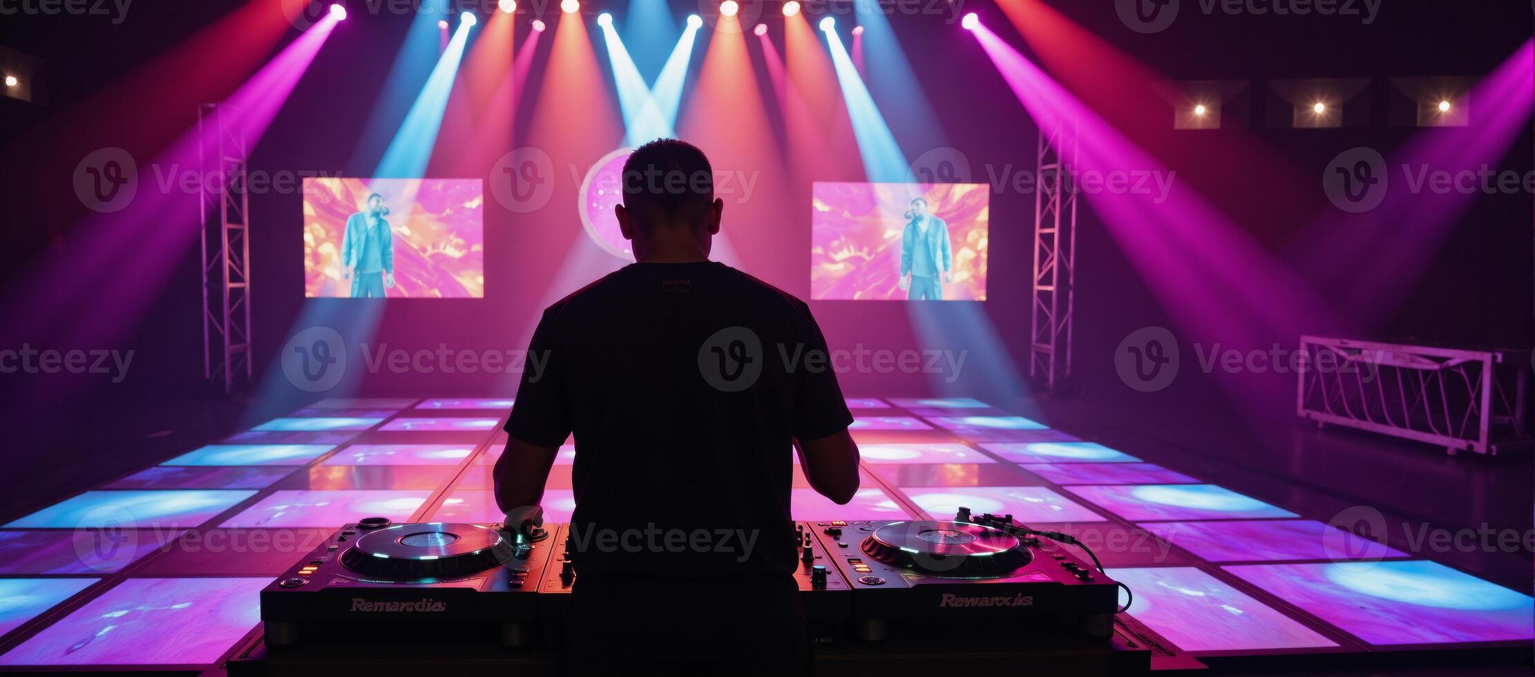 Vibrant rave party with energetic DJ setup amongst flashing lights colorful lasers photo