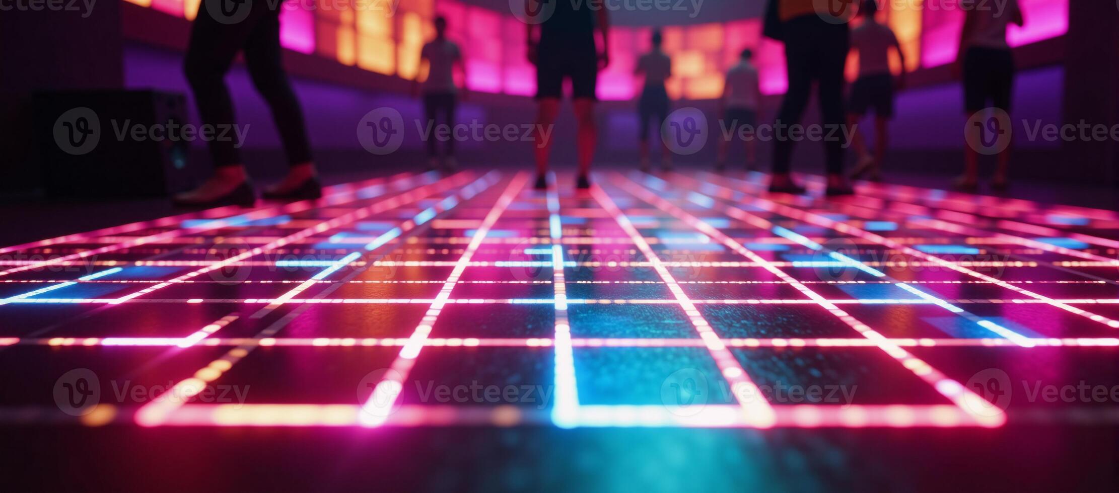 A futuristic neonlit music club with a pulsating disco dance floor and vibrant threedimensional colors emanating from the speakers photo
