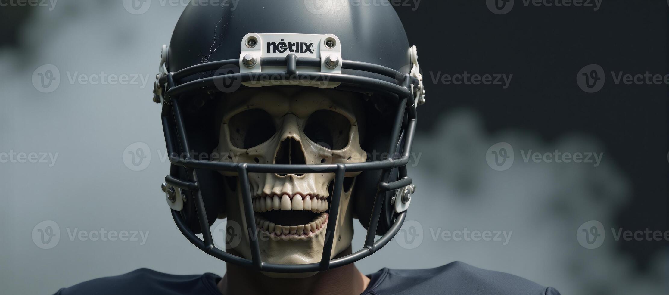 A chilling image featuring a skullhelmet fusion with a ghoulish face behind a cracked visor showcasing visible bones in the eerie fog photo