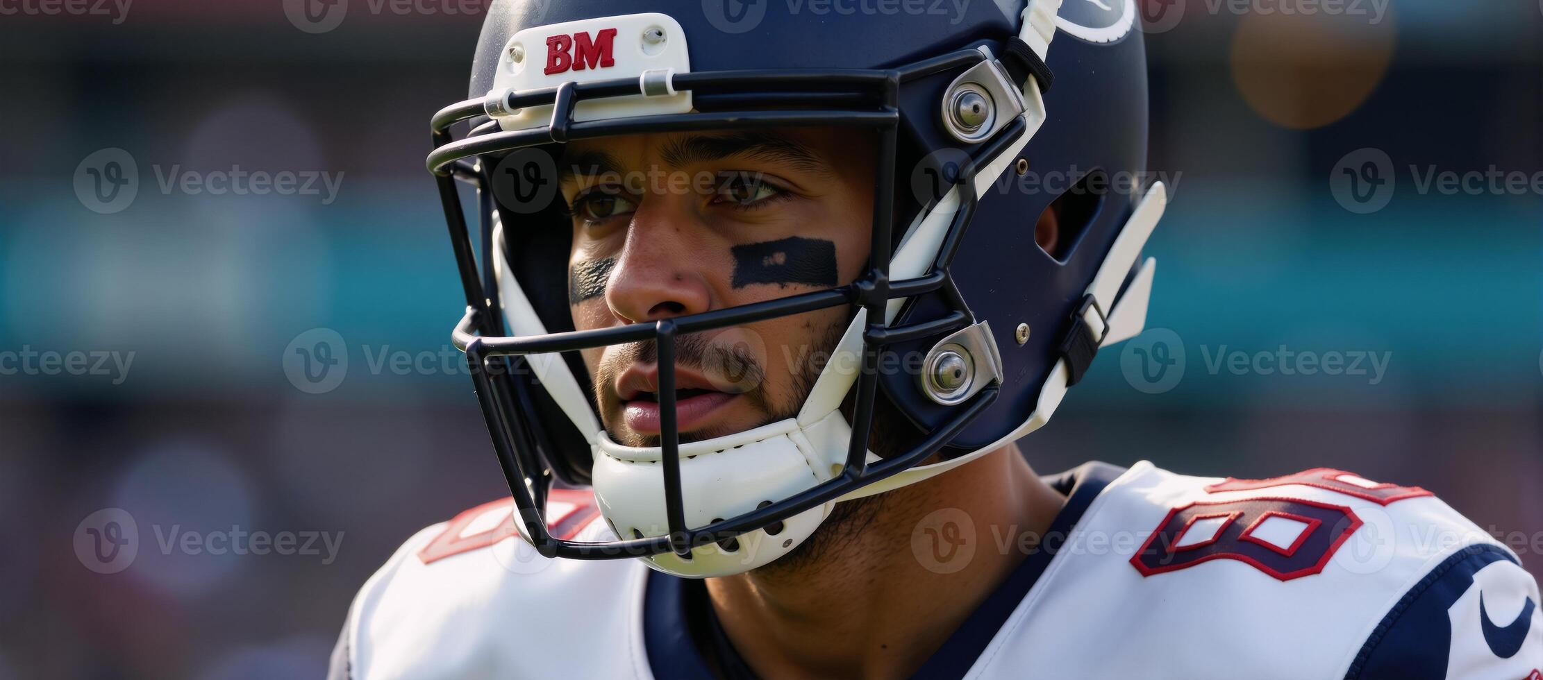 Closeup image Super Bowl American Football Player in uniform and helmet photo