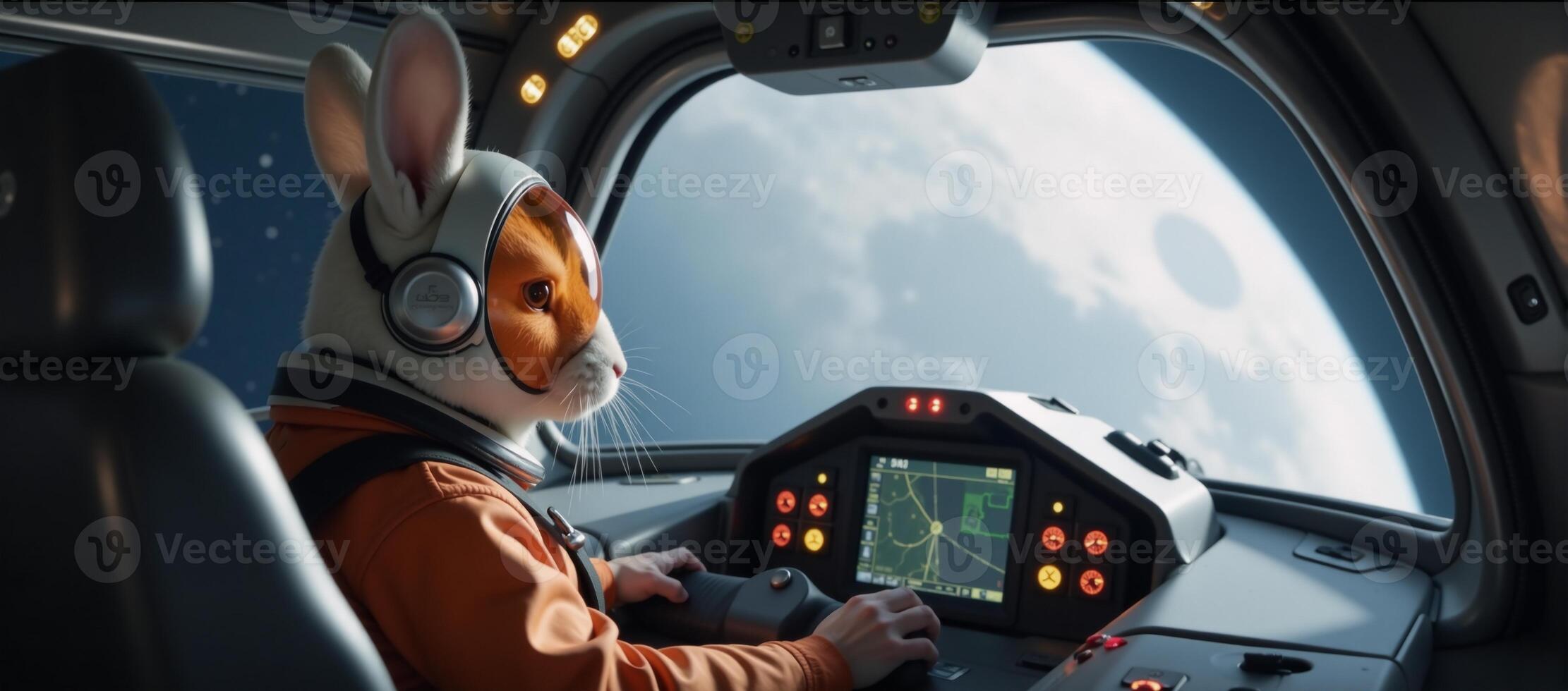 Rabbit piloting spacecraft towards moon photo